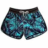 LYRIKER Badeshorts Damen Swim Bade Shorts Badehose High Waist Schwimmhose mit Taschen Dunkelblau Blätter L