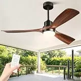 Forrovenco Deckenventilator mit Licht 152cm/60 Zoll, mit Beleuchtung & Fernbedienung, Outdoor Deckenventilatoren für Terrasse, Leiser DC-Motor, 3 Massivholzflügel, Umkehrbar, Indoor, Braun