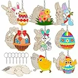 HONMOK Ostern Schlüsselanhänger Bastelset, 16pcs Holz Osterfest Anhänger für Kinder, Osterei Osterhase Osterküken Holzanhänger zum Basteln & Ausmalen, Ostern Ornamente aus Holz für Frühling Osterparty