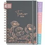 Häfft-Timer Fancy 2025/2026 A5 'Poppy' Schülerplaner mit Hardcover und Spiralbindung für Oberstufe, Ausbildung, Studium, Laufzeit Aug 2025 - Sep 2026 – nachhaltig & klimafreundlich