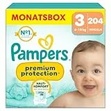 Pampers Premium Protection Größe 3, 204 Windeln, 6kg-10kg, Doppelter Schutz für die Haut und vor Auslaufen