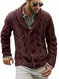 Herren-Strickjacke mit Zopfmuster, Schalkragen, lockere Passform, langärmelig, lässige Strickjacke, Burgunder, L