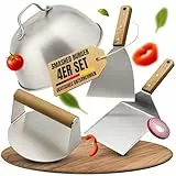 Smash Burger Set – 4-teiliges Burger Set aus Edelstahl & edlen Holzgriffen – inkl. Burgerglocke für extra Aroma - Plancha Zubehör für Smash Burger – Burger Presse, Spachtel, Wender & Glocke