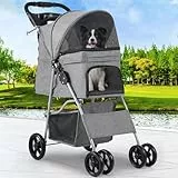 YITAHOME Haustierbuggy für mittelgroße Hunde, 4-Rad-Hundebuggy mit Aufbewahrungskorb, Faltbarer Haustier-Reisewagen mit Getränkehalter & Aufbewahrungskorb (Grau)