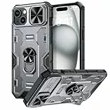 Doeshine für iPhone 15 Hülle mit Ständer & Kameraschutz, Robuste Stoßfeste Schutzhülle mit 360 Grad Magnetisch Ring Stand, Military Shockproof Cover für iPhone 15 5G 2023 (Grau)