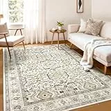WITSHOCK Teppich Wohnzimmer 150x200 cm: Waschbarer Boho Teppich, rutschfest, Kurzflor, Vintage Schlafzimmer, Küche Flur Esszimmer für Kinder & Haustiere Geeignet-Creme