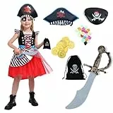 Sincere Party Mädchen Piraten Kostüm Piraten Freibeuter Prinzessin Deluxe Kleid Mit Schwert,Piratenbeutel,Augenklappe und Hut 3-4 Jahre