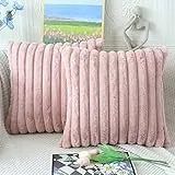 NIULAA Rosa Kissenbezug 50x50 2er Set Flauschig Plüsch Deko Kissenbezüge Weich Gestreift Pelz Kissenhülle Dekokissen Sofakissenbezug Luxus Sofakissen Zierkissenbezüge Wohnzimmer Sofa