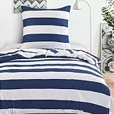 HENGWEI Blau Bettwäsche 200x200cm 3teilig Set,Extraweiches & bügelfrei Bettwäsche-Set,Mikrofaser Bettbezug 200x200cm mit Kissenbezug 2x80x80cm, Blau Weiß Streifen