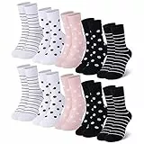 Falechay Socken Damen 10 Paar Mehrfarbig Mit Streifen Punkte Damensocken Baumwolle Sportsocken Schwarz-Weiß,39-42