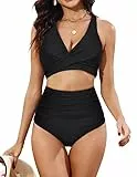 JASAMBAC Bikini-Set für Damen bauchweg, Twsit Cross Push up Bikini-Oberteil und High Waist Bikini-Unterteile, weiche hochwertige Bademode Badeanzüge Verbessertes Schwarz/M