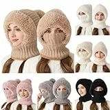 2 in 1 Wintermütze Strickmütze Warme Mütze mit Winddichte Masken Kreis Schal Set Balaclava Winter Stricken Mütze mit Fleecefutter für Damen Winddichte Kälteschutz Skimütze (001 Khaki, Einheitsgröße)
