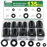 135 Stück Unterlegscheiben Set Schwarz, Bolatus Edelstahl Beilagscheiben Sortiment 6 Größen, Karosseriescheiben M4 M5 M6 M8 M10 M12, Flach Unterlegscheiben Edelstahl für Schrauben & Muttern