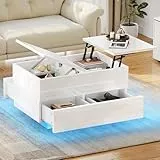 YITAHOME Couchtisch Höhenverstellbar mit 4 Schubladen, Wohnzimmertisch Hochglanz mit LED, Kaffeetisch mit Stauraum, Weiß, 80x55x46cm