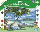 MAMMUT 109104 - Malen nach Zahlen Landschaftsmotiv, Palmenstrand, Komplettset mit bedruckter Malvorlage im A3 Format, 10 Acrylfarben und Pinsel, großes Malset für Kinder ab 8 Jahre