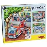 HABA Feuerwehr-Puzzle – 3-teiliges Set für Kinder ab 3 Jahren, Papp-Puzzle mit Polizei- und Rettungswagen-Motiven – Fördert Feinmotorik und Konzentration – 1302759001