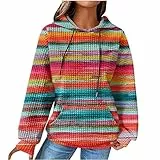 EMATOP Damen Baumwolle Hoodie Causal Langarm Kapuzenpullover Herbst Winter Warm Pullover Vintage Bunte Print Sweatshirt mit Kapuze Pulli Oberteile Mode Waffel Kapuzenpulli mit Taschen Outwear