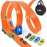 Dreamon Flexible Autorennbahn Kinder 6 Meter Rennbahn Rennstrecke Auto Spielzeug 3 4 5 6 Jahre mit 4 Spielzeugautos 2 Rampen 1 Aufbewahrungstasche 4 Saugnäpfe Geschenke für Jungen und Mädchen