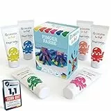 CreaTek - Fingerfarben Kinder ungiftig ab 2 Jahre [ inkl. lustiger Malvorlagen ] 100% sicher, vegan, geruchlos & auswaschbar - 6 leuchtende Grundfarben in Tuben 60ml