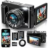 Digitalkamera 4K mit WiFi 64MP Kompakte Digitalkamera mit 3' 180° Flip-Bildschirm, 32GB Karte, 2 Akkus, 16X Digitalzoom, Autofokus, Anti-Shake, Ideal für Teens, Anfänger, Vlogging, Reisen