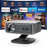 Smart Beamer 4K[Netflix Official & 3D Dolby Audio] VISSPL 28000 Lumen Autofokus/Auto Trapezkorrektur Projektor, WiFi6 Bluetooth Beamer 4K Heimkino, Outdoor Video Projector Mit 360° Drehbarem Ständer