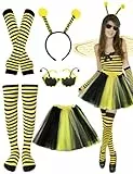 5 Stück Bienenkostüm Erwachsene, Bienen Haarreif Tüll Rock Gestreifte Überkniestrümpfe Lange Handschuhe Faschingskostüme Damen Karneval Verkleidung für Halloween Rollenspiele Party