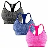 Libella 3er Pack Damen Sport BH Bustier Comfort BH Reissverschluss Gepolsterter Push UP Stützfunktion verstellbare Träger Ohne Bügel Yoga Fitness 3714 Grau +Blau+Pink SM