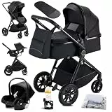 KAVELLIN Kinderwagen 3 in 1, Kinderwagen mit Autositz, Zusammenklappbar kombikinderwagen komplettset inkl. Becherhalter, Moskitonetz, Fußabdeckung, Regenschutz, Babywagen for 0-36 Monate, Schwarz