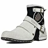 OSSTONE Herren Stiefel aus Rindsleder Lederstiefel mit Gummisohle Biker Boots mit Reißverschluss Männer Stiefeletten OS-5008-1-White-10.5