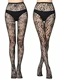 SERAPHY Strumpfhosen Damen Muster, Hohe Taille Sexy Netzstrumpfhose mit Reizvollen und Charmanten Aushöhlen Muster, Schiere Mesh Loch Strumpfhose, 2 Paar Schwarz-Blumen