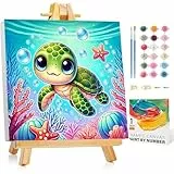 Malen Nach Zahlen Kinder mit Rahmen und Holzstaffelei- Meeresschildkröte Malen Nach Zahlen ab 5 6 7 8 9 10 Jahre Mädchen, Diy Acrylfarbe Paint by Numbers Tiere für Anfänger für Home Décor(20x20cm)