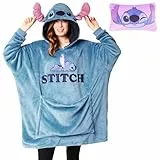 Disney Stitch Damen Hoodie Decke mit Ärmeln - 2-in-1 - Oversized Kapuzenpullover Fleece Tragbare Decken für Teenager (Blau Stitch)