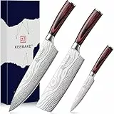 KEEMAKE Messerset 3 teilig, Küchenmesser Set aus Edelstahl mit Profi Kochmesser Nakiri Messer Allzweckmesser, Scharfe Messer mit Pakkaholz Griff