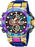 findtime Bunte Uhren Herren 5ATM Wasserdicht Digitaluhr mit Doppelzeit 12/24H Anzeig LED Datum Stoppuhr Große Herrenuhr Cooles Militär Design Blau