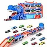 Doloowee 2-in-1 Dinosaurier Transporter-Set für 3 4 5 jährige Jungen, 155 cm Spur Rennwagen Spielzeug Tragbare Transport LKW Spielzeug mit 12 Mini Rennwagen