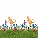 Jauhmui 2 STK. wetterfeste 3D Windmühle Windspiel, Tier Fahrrad Dekoration mit Hund und Katze, regenbogene Außen Dekoration für Garten, Hof und Rasen (Gelb Katze)