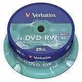 Verbatim DVD-RW 4x Matt Silver 4.7GB, 25er Pack Spindel, DVD Rohlinge beschreibbar, 4-fache Brenngeschwindigkeit & Hardcoat Scratch Guard, DVD leer, Rohlinge DVD wiederbeschreibbar