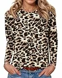 PLOKNRD Damen Langarm T-Shirt Rundhals Freizeit Oberteile Herbst Winter Dünne Sweatshirt Elegant Blusen Schwarzer Leopard XL
