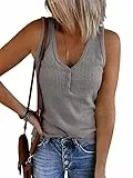 Saodimallsu Damen Tank Tops mit V-Ausschnitt Sommer Gerippte Ärmellose Henley-Hemden Beiläufige Lose Geknöpfte Cami-Strick-T-Shirts Grau L