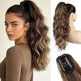 JIAMEISI Ponytail Extension, 45 cm Pferdeschwanz Haarteil, Synthetischer, gewellter, lockiger Krallenclip Pferdeschwanz Haarverlängerung für Damen, Volumen & Länge verleihend (Honiggold Mischung)