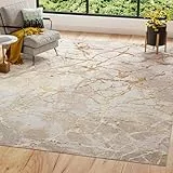 TAPISO Golden Teppich Wohnzimmer Kurzflor Schlafzimmer Luxuriös Creme Gold Abstrakt Linien Meliert Verwischt Modern Design ÖKOTEX 200 x 300 cm