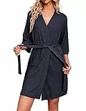 Ekouaer Bademäntel für Damen Waffelstrick Morgenmantel Lässig Robe Hochzeit weich leicht knielang Loungewear Marineblau L