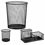 D.RECT Büroset 3030, Papierkorb aus Drahtgeflecht Draht Mesh, Metall Stifteköcher, Stiftehalter rund aus Drahtmetall, Schreibtisch Organizer, Stiftehalter Schreibtisch, Büroablage, Schwarz