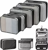 DIMJ 9er Set Packing Cubes Koffer Organizer - 9 Set Packwürfel Reise Organizer Faltbare Gepäck Organizer Taschen, Reiseutensilien mit Schuhbeutel & Hängender Kulturbeutel, Schwarz