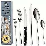 BEWOS 36-teiliges Besteck set mit Steakmesser Service für 6, Premium-Edelstahl-Bestecksets für Haus & Küche, Hochwertiges Messer-Löffel-Gabel-Besteck-Set Hochglanzpoliert, Spülmaschinenfest
