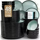 Steingut Geschirrset 12 Personen Ibiza 48 tlg. TESTSIEGER, Traumhaftes Mediterranes Steingut Geschirr Set, Schüssel- und Teller Set, Tafelservice 12 Personen, Geschirrsets Pure Living in Salbeigrün