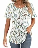 Cuptacc Tshirt Damen Rundhals Mit Falten Sommer Kurzarm T-Shirt Puffärmel Locker Oberteile Damen Blattmuster Blattmuster XL 46-48