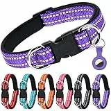 AUAUY Reflektierend Halsband Hund, Verstellbares Atmungsaktives Hundehalsband, Weich Gepolstertes Neopren Nylon Hunde Halsband mit AirTag-Hülle Doppel-D-Ring für Kleine Mittel Große Hunde(Violett-S)