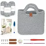 Coopay Häkelset für Anfänger, Häkelset Tasche mit Häkelnadel 4,5mm, Anleitung, 5mm Dicke Wolle zum Häkeln Kleine Handtasche, Kreative Geschenke für Töchter, Familie und Freunde - Grau
