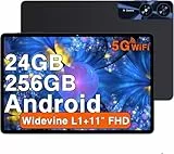 Tablet 11 Zoll Android mit 24GB RAM 256GB ROM TF 1TB, Octa-Core 2.0 GHz, 5G WiFi 6, Bluetooth 5.0, Widevine L1, 5MP+13MP, 8000mAh, 1280 * 800 IPS FHD, Gesichtserkennung, GPS, Tablet mit Case, Schwarz
